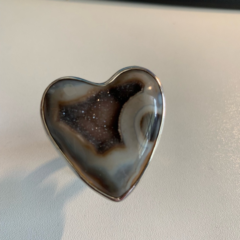 Sterling Silver 925 Chunky Brown Druzy Heart shaped Ring